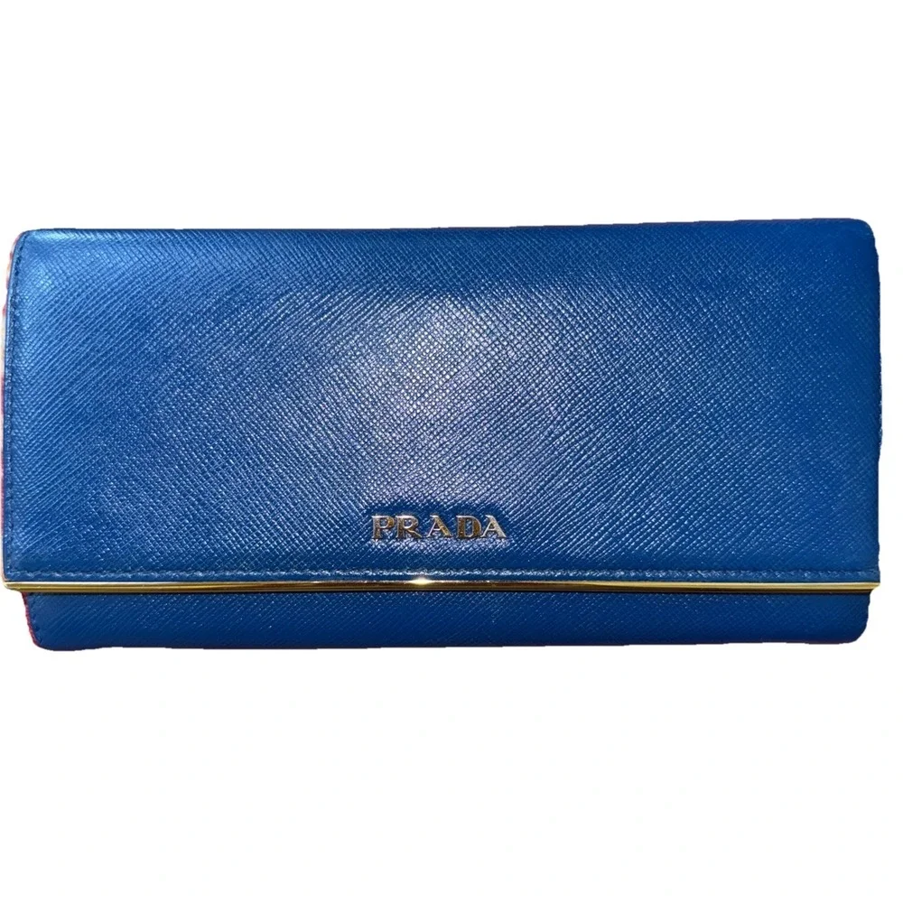 PRADA Saffiano‎ Long Wallet Bifold Blue Gold Hardware Leather Womens Authentic